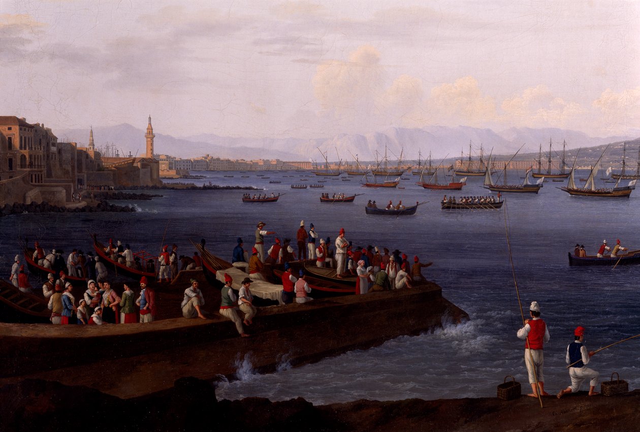 Neapelbukten nära Santa Lucia som visar sjöflottan som återvänder från Alger av Jacob Philippe Hackert