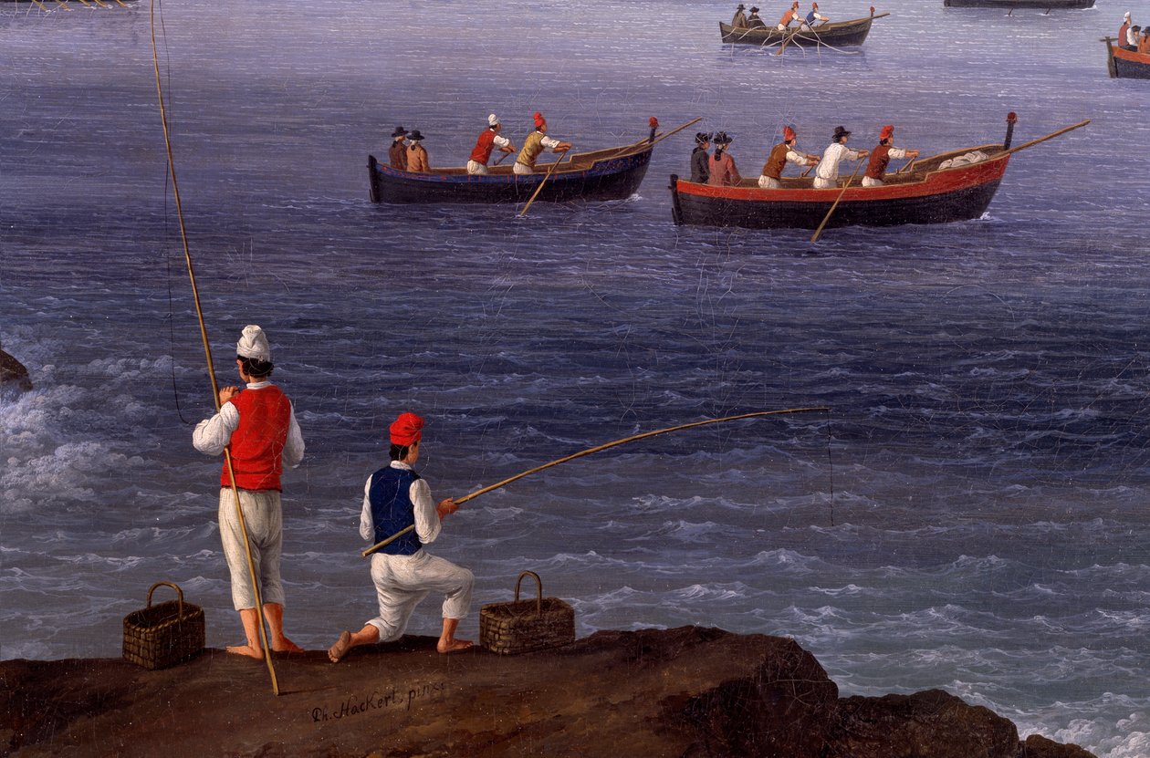 Neapelbukten nära Santa Lucia som visar sjöflottan som återvänder från Alger av Jacob Philippe Hackert
