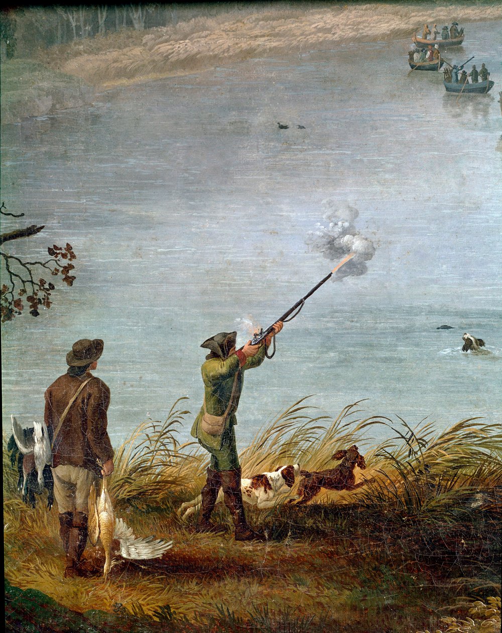Sothönsjakten av Ferdinand I av de två Sicilierna (eller Ferdinand IV av Neapel) (1751-1825) på Fusarosjön nära Neapel, Italien (Ferdinand IV jagar sothöns på Fusarosjön) Detalj - Målning av Jacob Philipp Hackert dit Hackert d