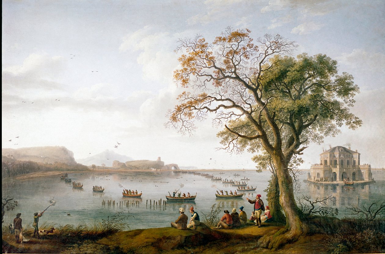 Sothönsjakten av Ferdinand I av de två Sicilierna vid Fusarosjön nära Neapel, Italien av Jacob Philippe Hackert