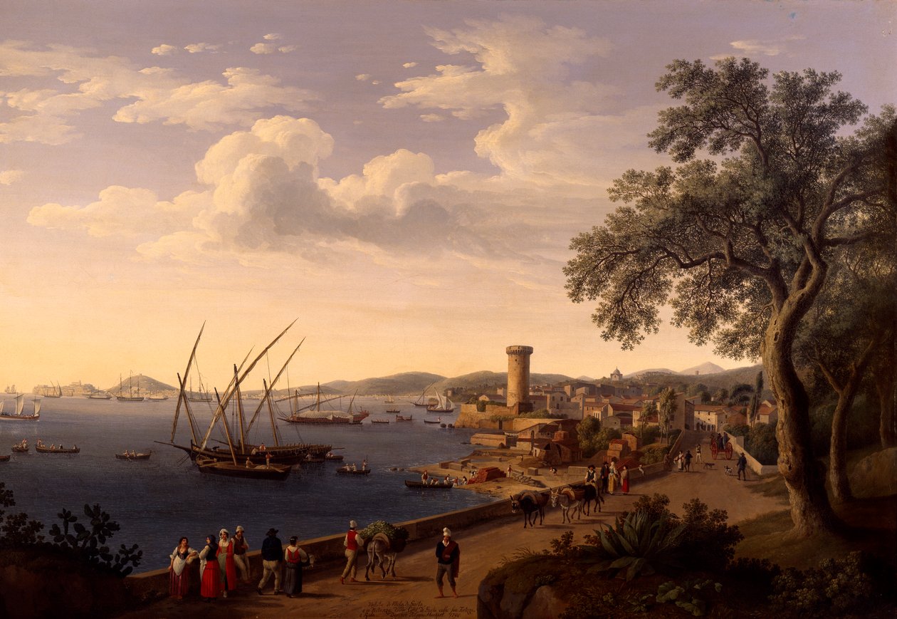 Gaetas hamn, piren och fästningen, av Jacob Philipp Hackert av Jacob Philippe Hackert