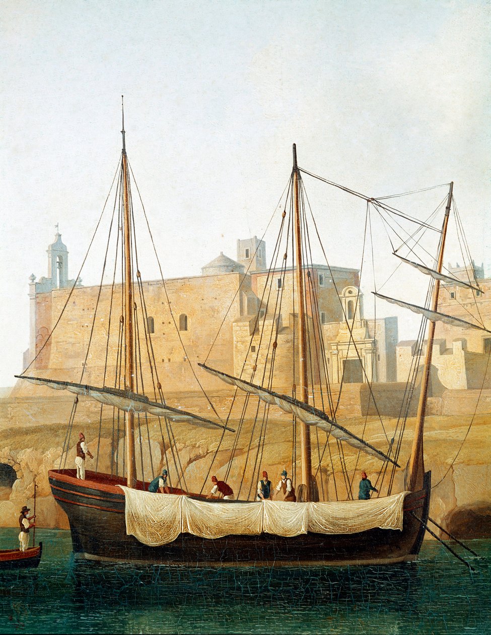 Utsikt över ett skepp i hamnen i Monopoli, Apulien, Italien - (Skepp i hamnen i Monopoli) Målning av Jacob Philipp Hackert dit Hackert d