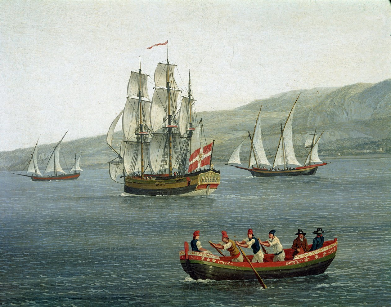 Utsikt över fartyg i Detroit of Messina, Reggio Calabria, Italien - (Skepp i raksträckan av Messina mellan Reggio Calabria och Sicilien) Detaljmålning av Jacob Philipp Hackert dit Hackert d