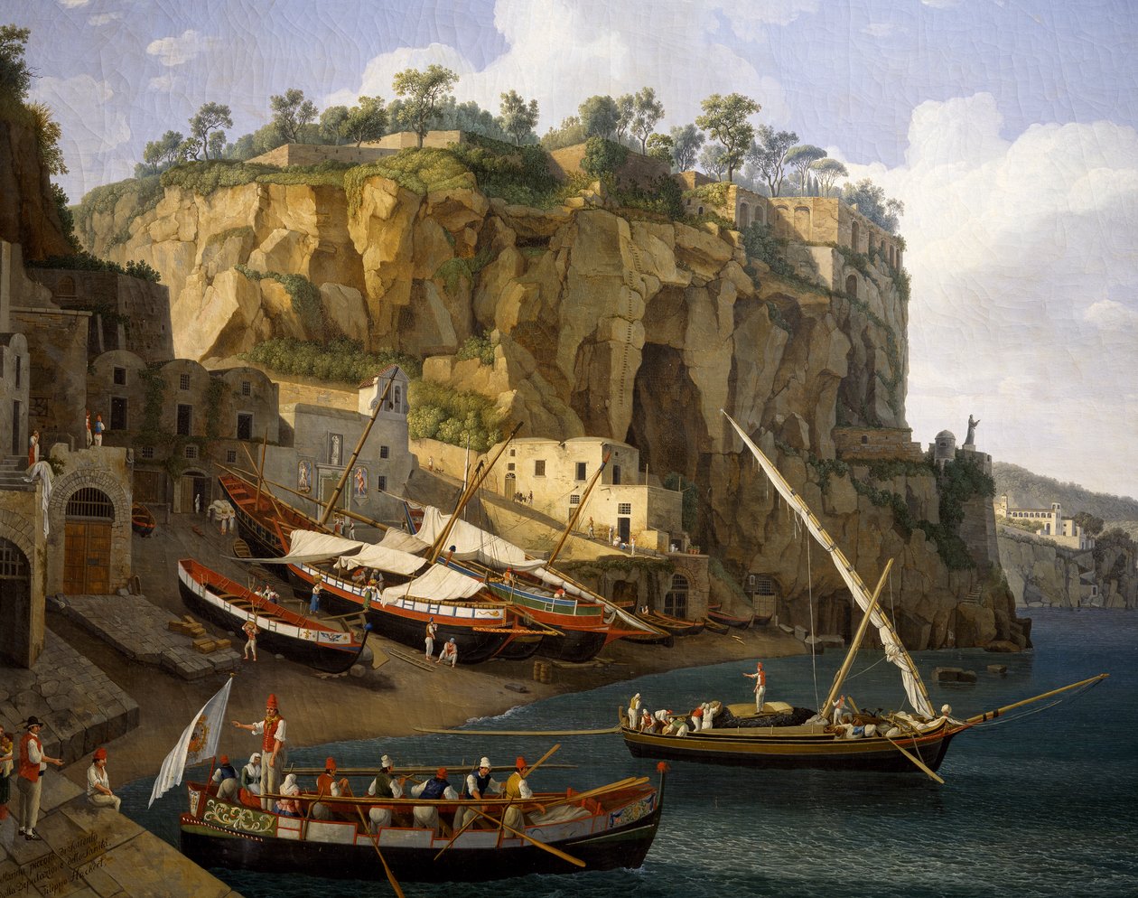 Utsikt över den lilla småbåtshamnen i Sorrento (olja på duk) av Jacob Philippe Hackert