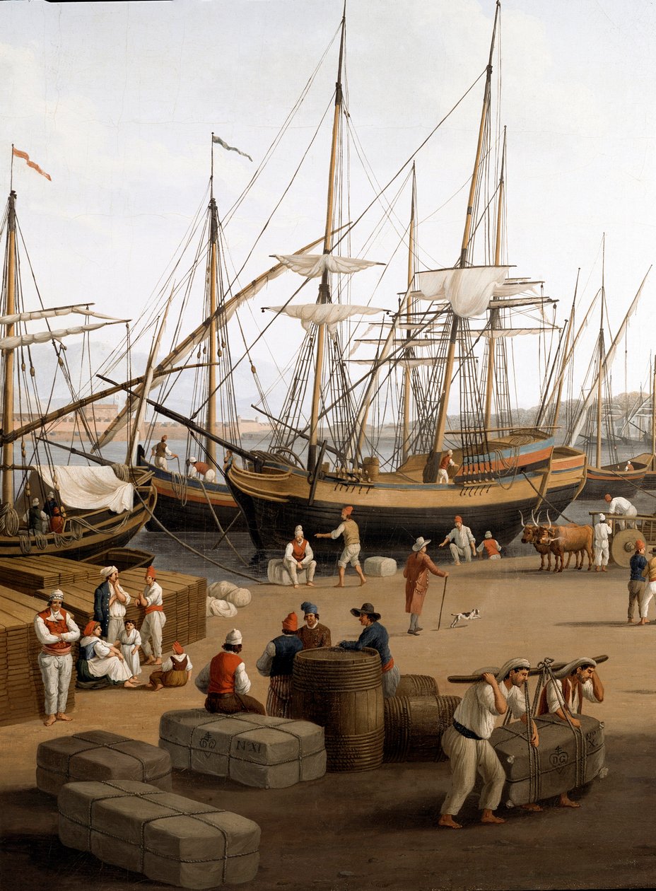 Utsikt över hamnen i Messina (Messina) på Sicilien Hamnarbetare i hamnen som lossar godset - Målning av Jacob Philipp Hackert dit Hackert d