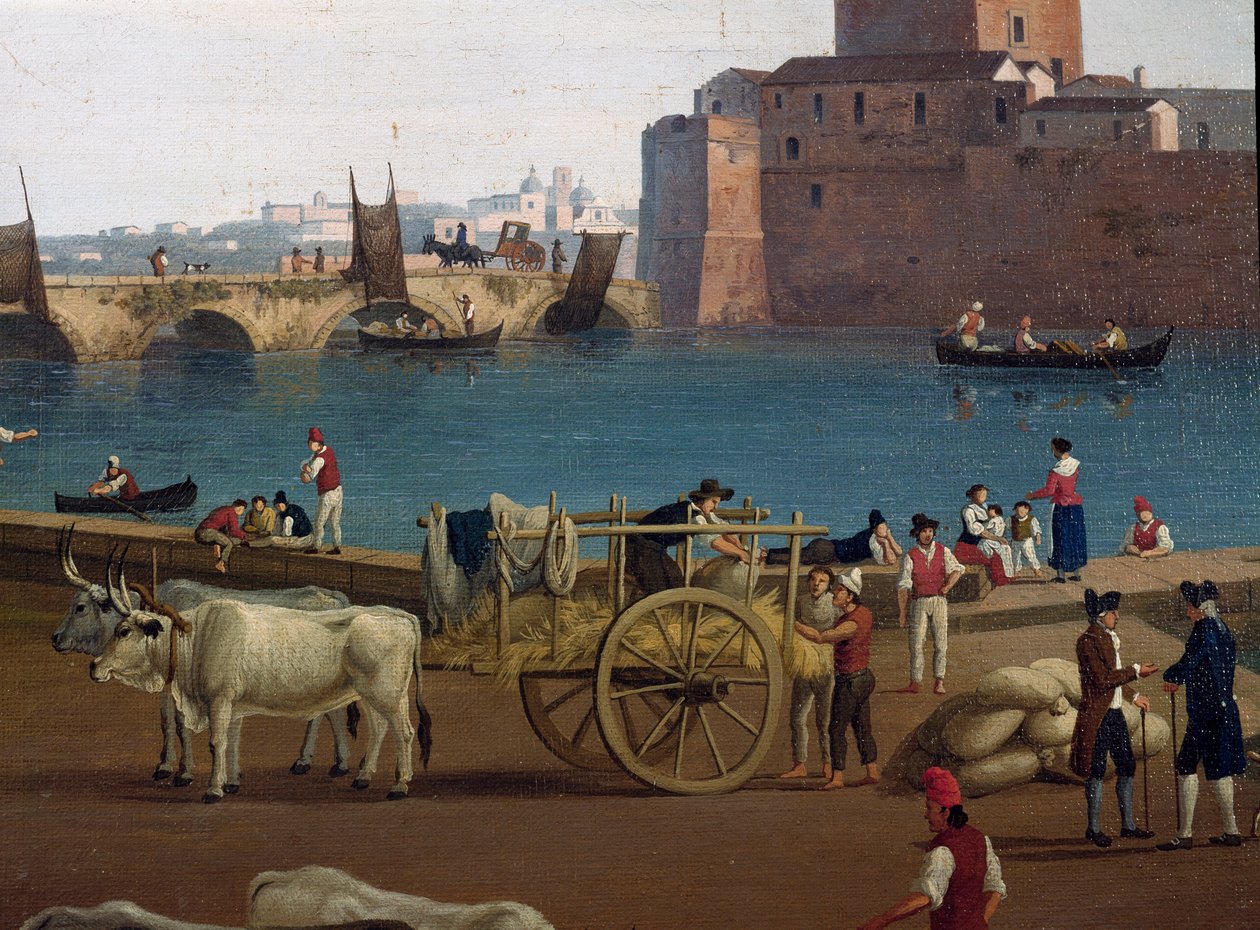 Utsikt över hamnen i Taranto (Taranto) i Italien på 1700-talet Hamnarbetare i hamnen som lossar godset, vagn dragen av oxar - Målning av Jacob Philipp Hackert dit Hackert d