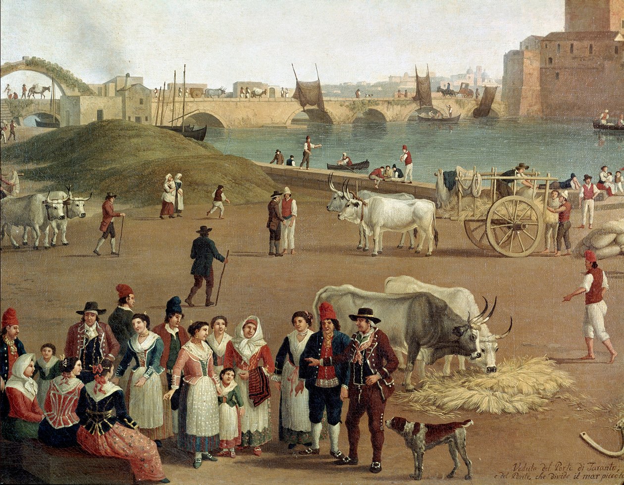 Utsikt över Tarantos hamn, detalj av kommersiell verksamhet, arbetare och människor i traditionell klädsel (Målning av Jacob Philippe Hackert