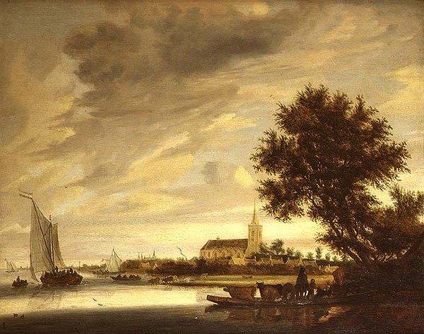 Ett flodlandskap med en färja i förgrunden av Jacob Salomonsz. (circle of) Ruysdael