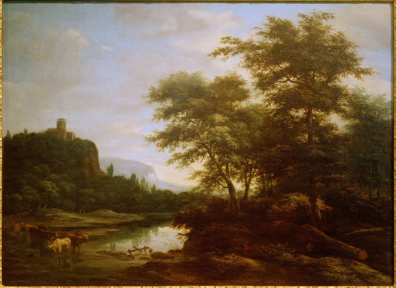Landskap med en flock kor vid dammen av Jacob Salomonsz van Ruysdael