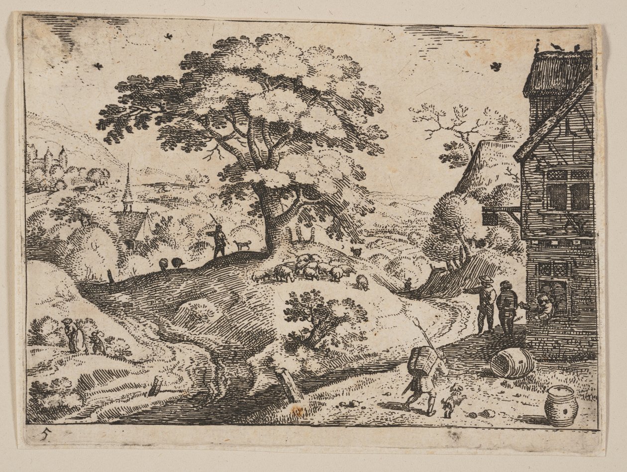 Värdshus till höger om vägen före byn, från Landscapes av Jacob Savery I