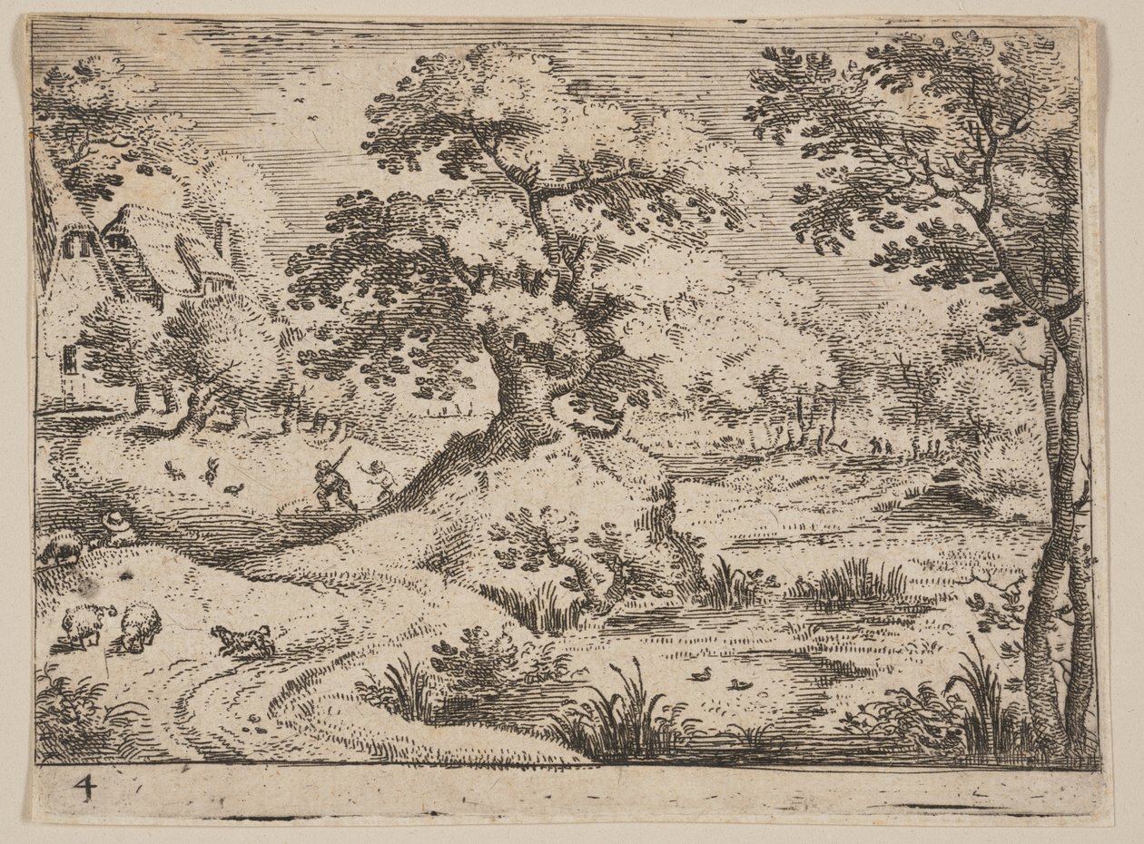 Stig vid ett träsk: Herdehund och får, från Landscapes av Jacob Savery I
