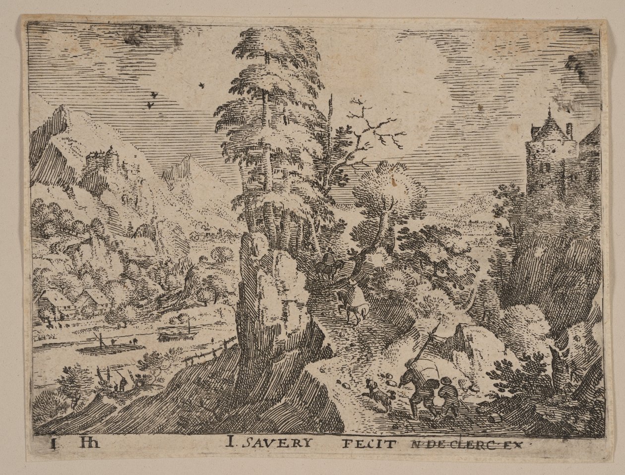 Stig med resenärer till höger om floden, från Landscapes av Jacob Savery I