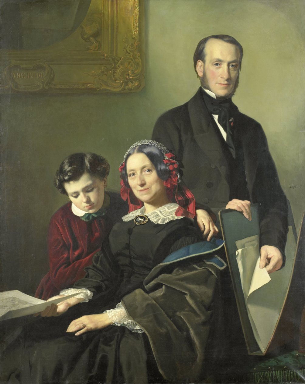 Fru A.J. Schmidt-Keiser, änka efter målaren Willem Hendrik Schmidt (1809-49), läraren till Jacob Spoel, med sin bror J.N. Keizer och hennes tioåriga son av Jacob Spoel
