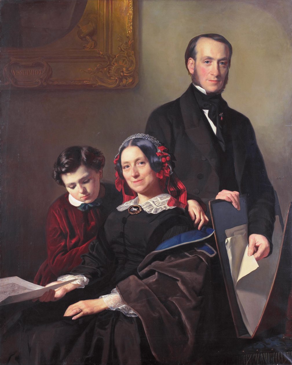 Mrs A J Schmidt-Keiser, änka efter målaren Willem Hendrik Schmidt (1809-49), Jacob Spoels lärare, med sin bror J N Keiser och sin tioårige son av Jacob Spoel