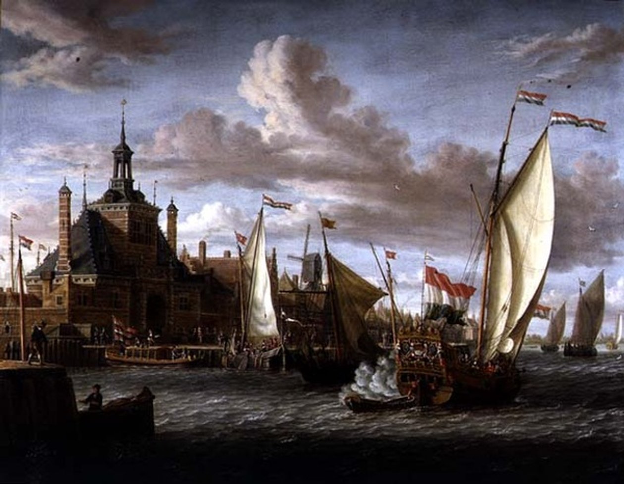 En Zeeland States Yacht skjuter salut utanför Dude Hoofdpoort, Rotterdam (olja på duk) av Jacob Storck