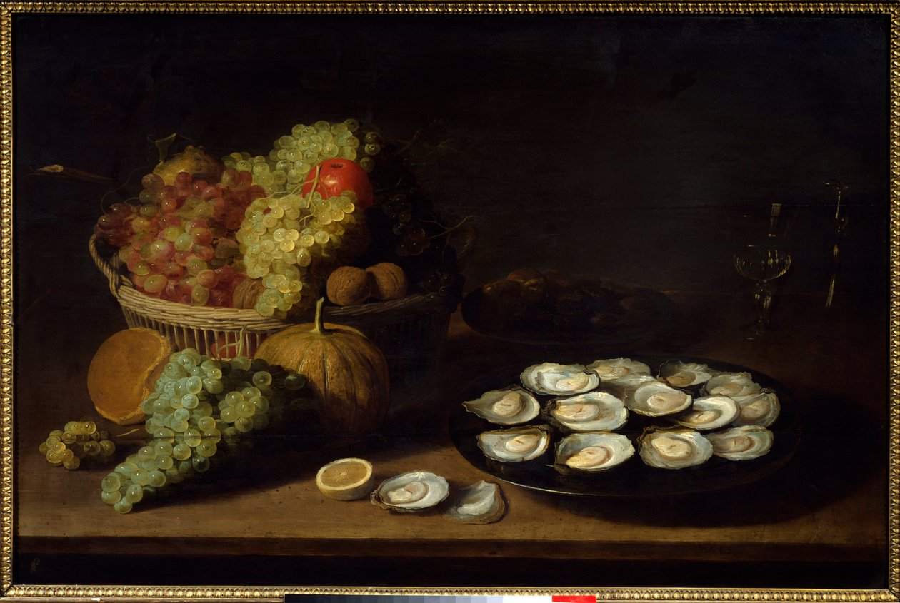 Stilleben, ostron och frukt. Målning av Jacob Fopsen Van Es (ca 1596-1666) Ec. Flam. av Jacob Van Es