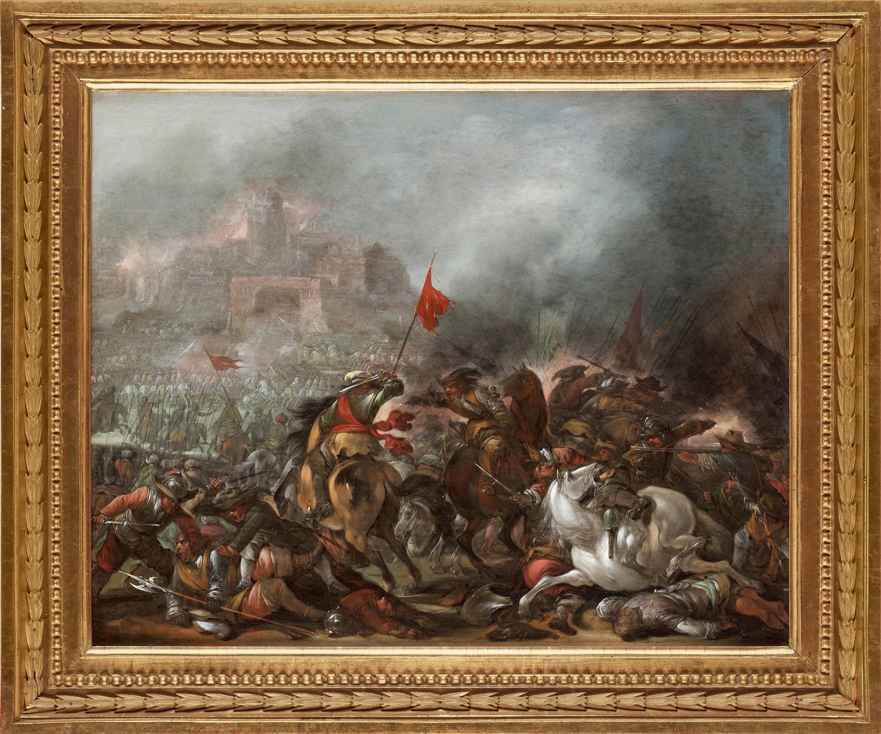 Strid mellan turkar och kristna under den ottomanska arméns erövring av Konstantinopel 1453 - Målning av Jacob Matthias Weyer (1620-1670), olja på trä (39x49 cm) - Turkiska kriget, Olja på trä av Jacob Matthias Weyer - Privat samling av Jacob Weyer