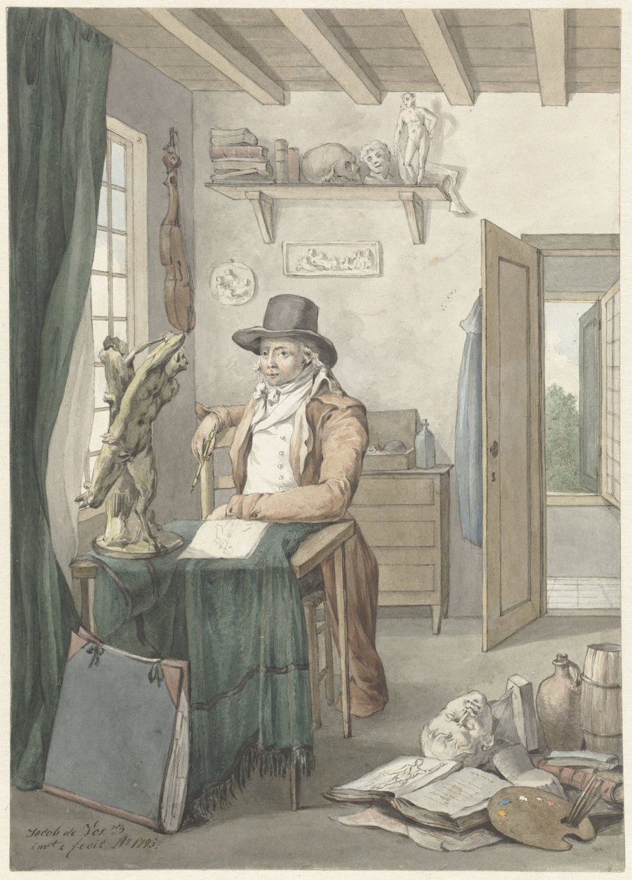 Porträtt av konstnären Jacob Smies i en studio med konstföremål av Jacob Willemz. de Vos