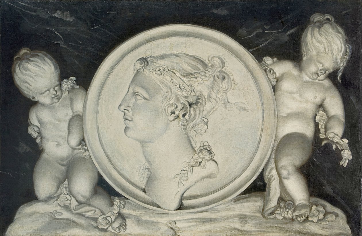 Flora i en målad rundel som stöds av putti som flyter på moln (par 421581) av Jacob Xavery