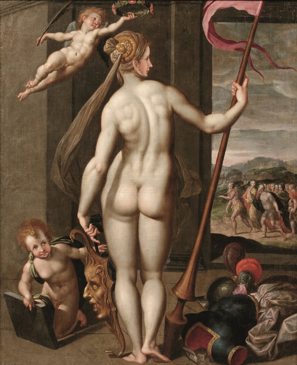 Minerva håller en lans medan den kröns med lagrar av en putto (olja på duk) av Jacob de (studio of) Backer