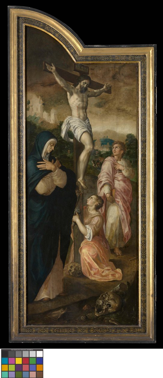 Korsfästelsen (vänstra flygeln), Profetian om Hiskias återhämtning (mittpanelen), Abboten Jacob Delrio med skyddshelgon (högra flygeln), Lasarus uppståndelse (grisaille, baksidan av ytterflyglarna) av Jacob de Backer