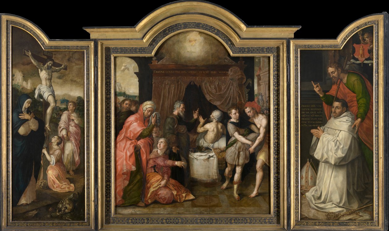 Korsfästelsen (vänster flygel), Profetian om Hiskias återhämtning (mittpanelen), abbot Jacobus Delrio med skyddshelgon (höger flygel) (olja på panel) av Jacob de Backer