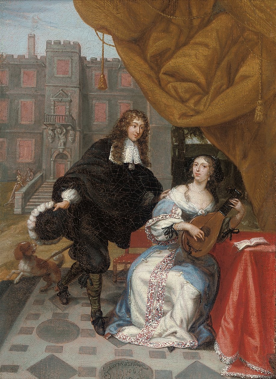 En gentleman som uppvaktar en dam som gör musik på en innergård, 1668 av Jacob de Fourmentrou