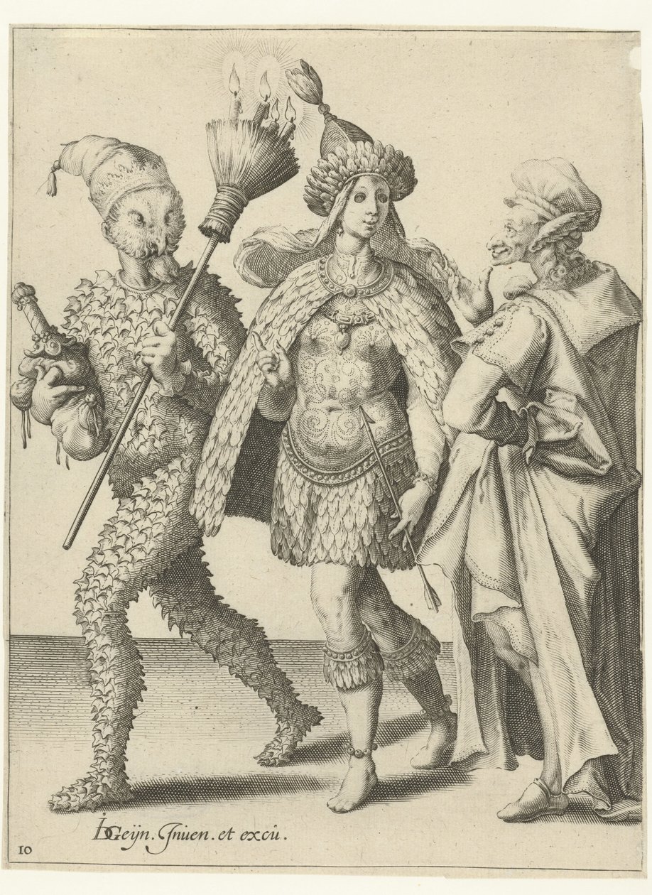 Tre maskerade figurer, en av dem med en kvast i vilken ljus sitter fast The Masquerades (serietitel) av Jacob de Gheyn (II) (workshop of)