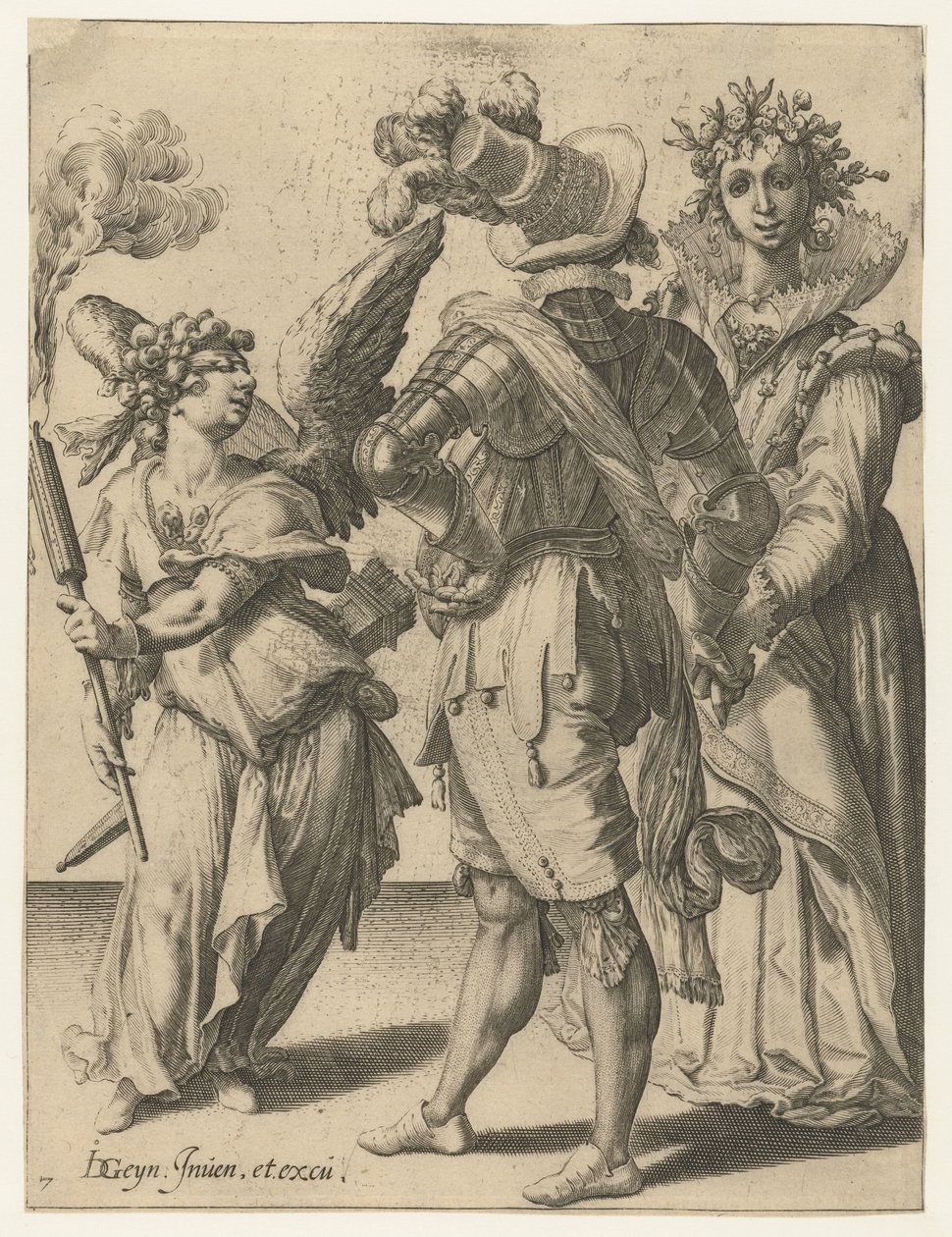 En cupid med ögonbindel med en fackla framför ett par i festlig klädsel The Masquerades (serietitel) av Jacob de Gheyn (II) (workshop of)