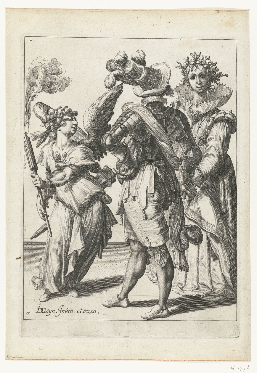 En cupid med ögonbindel med en fackla framför ett par i festlig klädsel The Masquerades (serietitel) av Jacob de Gheyn (II) (workshop of)