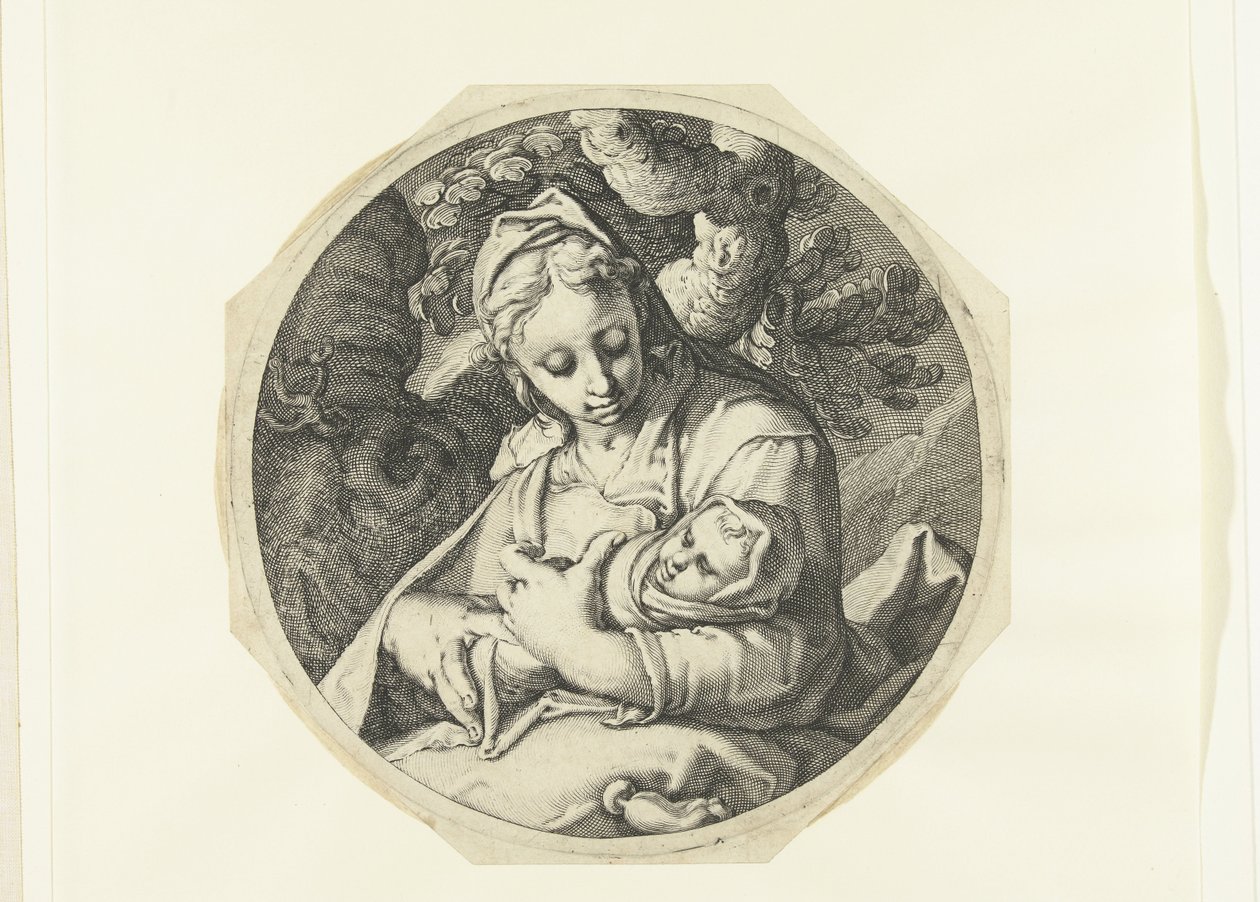 Maria med Kristusbarn Maria med Kristusbarnet och Josef med snickarverktyg (serietitel) av Jacob de Gheyn (II) (workshop of)