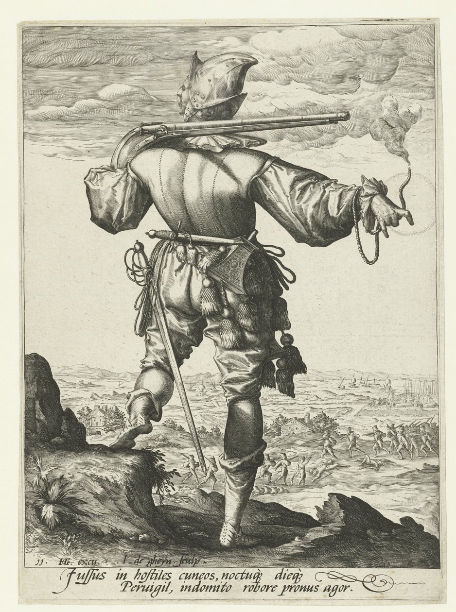 Musketör (harquebusier?) med hjälm på Officerare och soldater (serietitel) av Jacob de Gheyn (II)