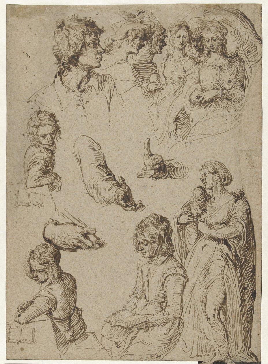 Studie av händer och figurer Studieblad med en ung man, en kvinna med barn och en Paris-dom eller häxsabbat av Jacob de Gheyn (II)