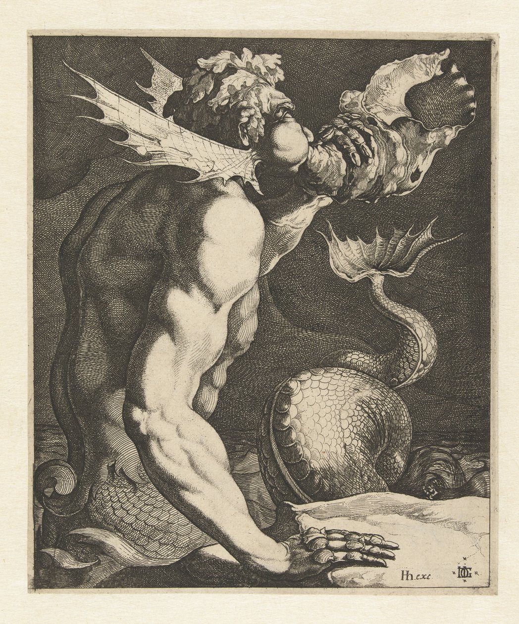En triton som blåser på ett skal av Jacob de Gheyn (III)
