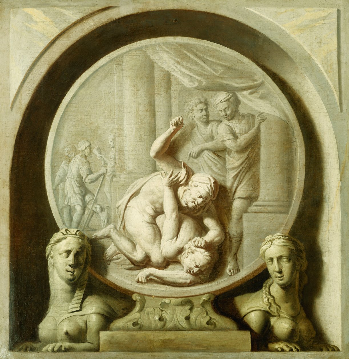 En dekorativ runddel med Odysseus som kämpar mot tiggaren och med Sphynxs av Jacob de Wit