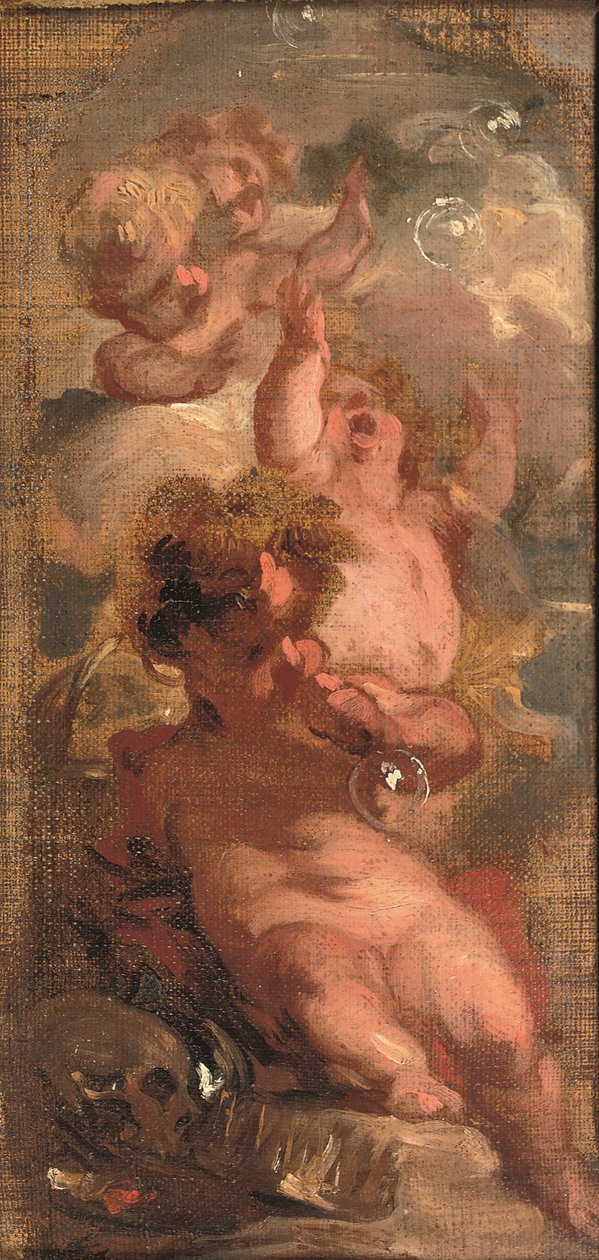 An Allegory of Vanitas: Fyra putti som blåser bubblor, en dödskalle, en konstnärspalett och en krona i närheten (olja på duk på panelen) av Jacob de Wit