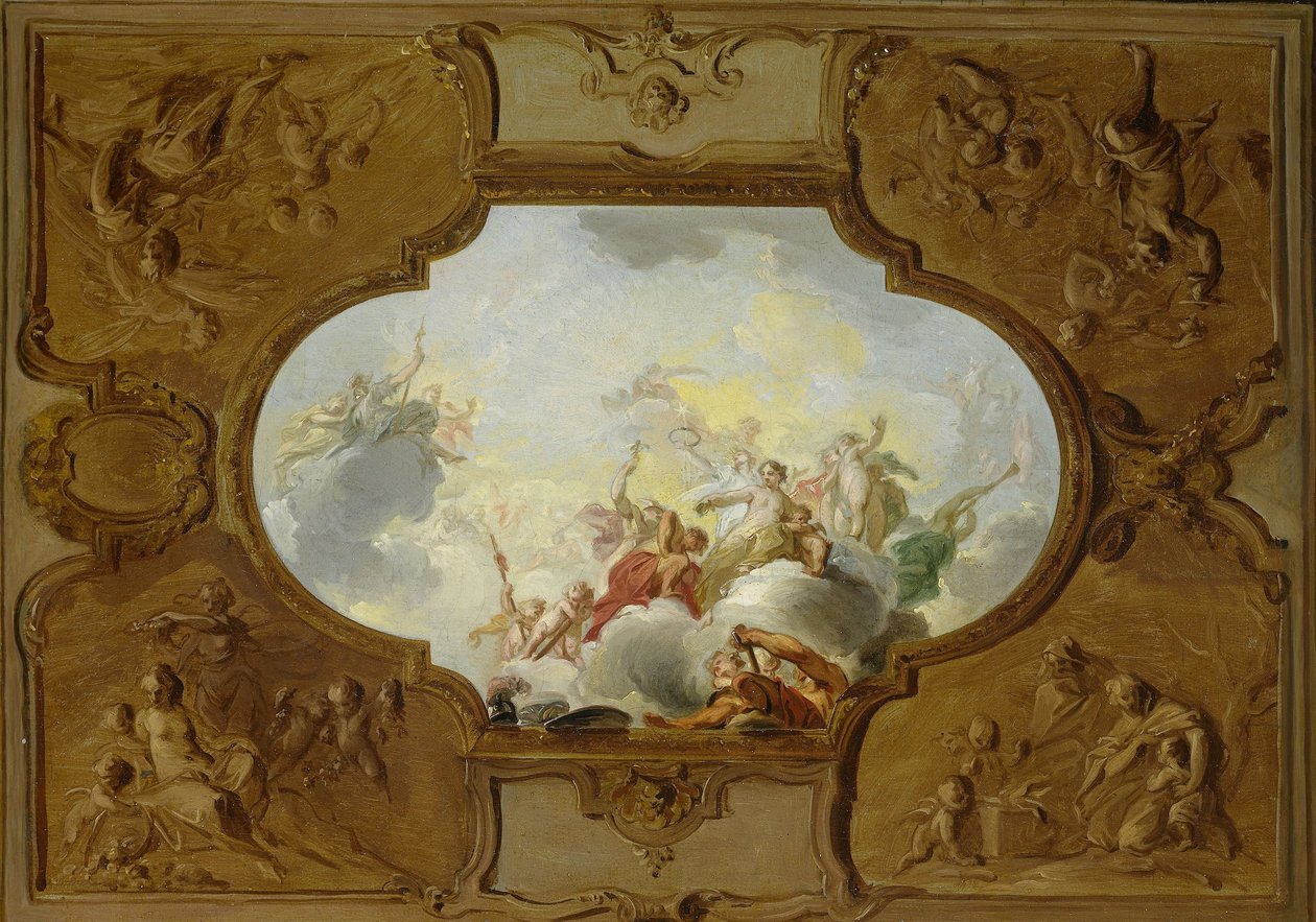 Design för en takmålning med Aeneas apoteos, i hörnen de fyra årstiderna av Jacob de Wit