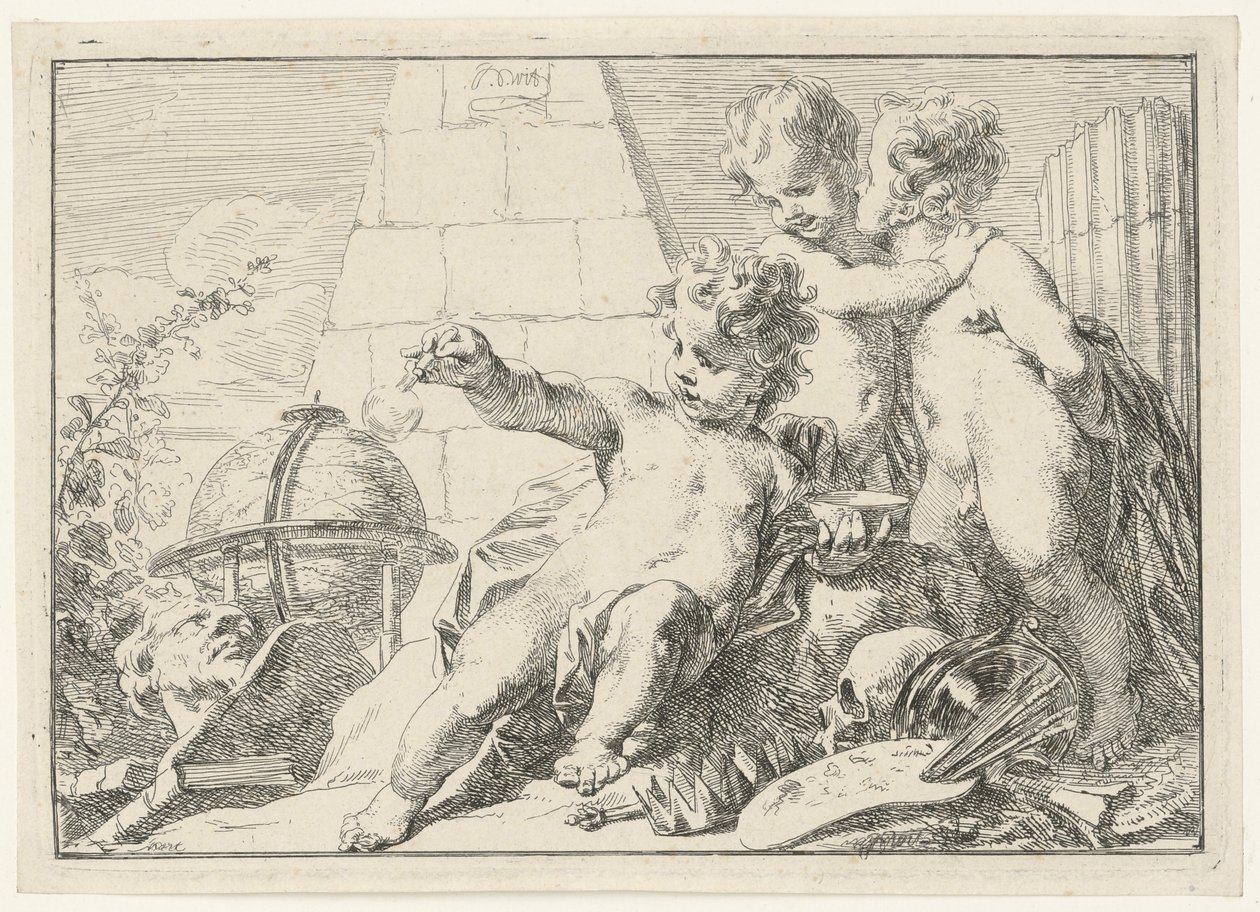Tre genier vid en pyramid av Jacob de Wit