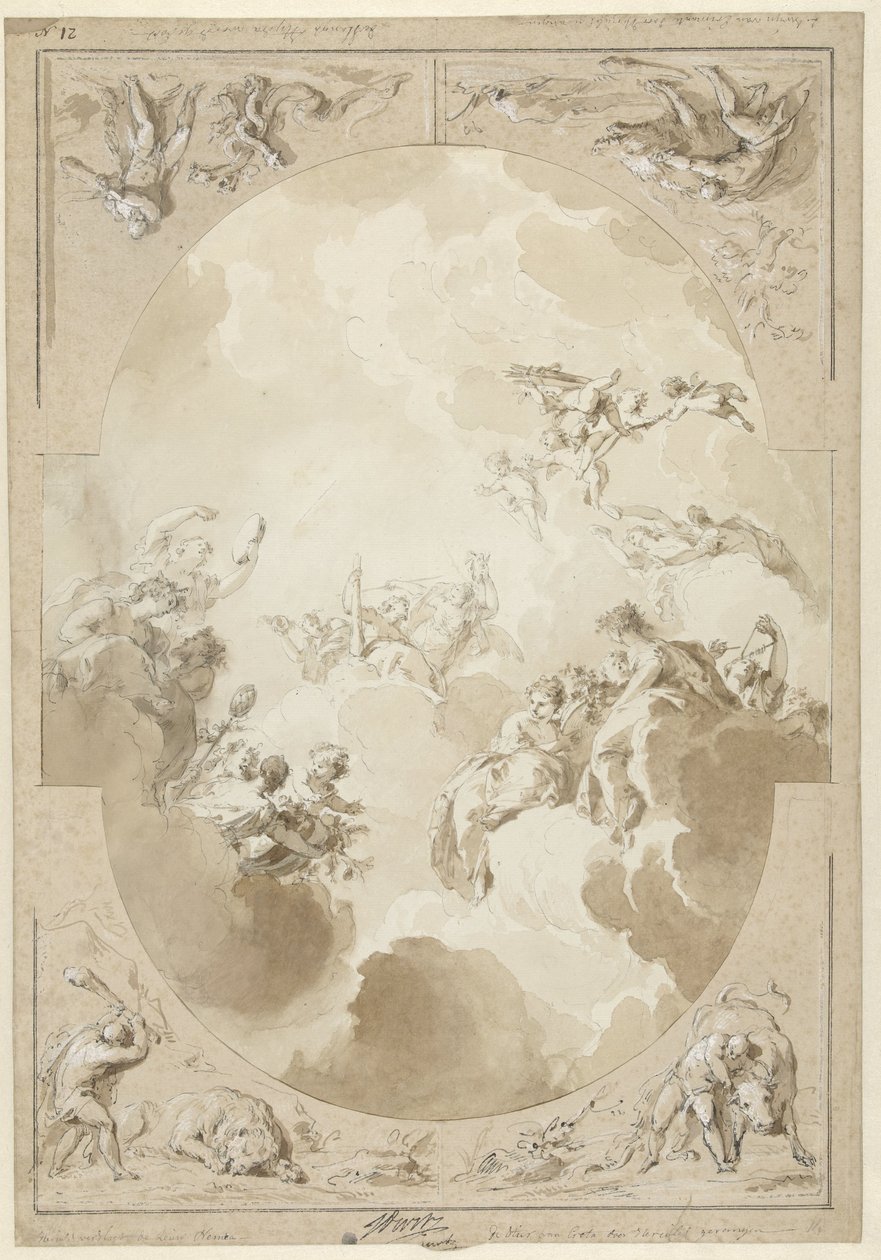 Design för en takmålning som föreställer Herkules apoteos och fyra av hans verk av Jacob de Wit
