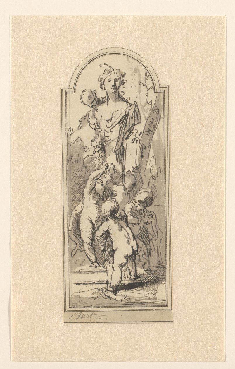 Putti med byst av kvinna mellan träd av Jacob de Wit
