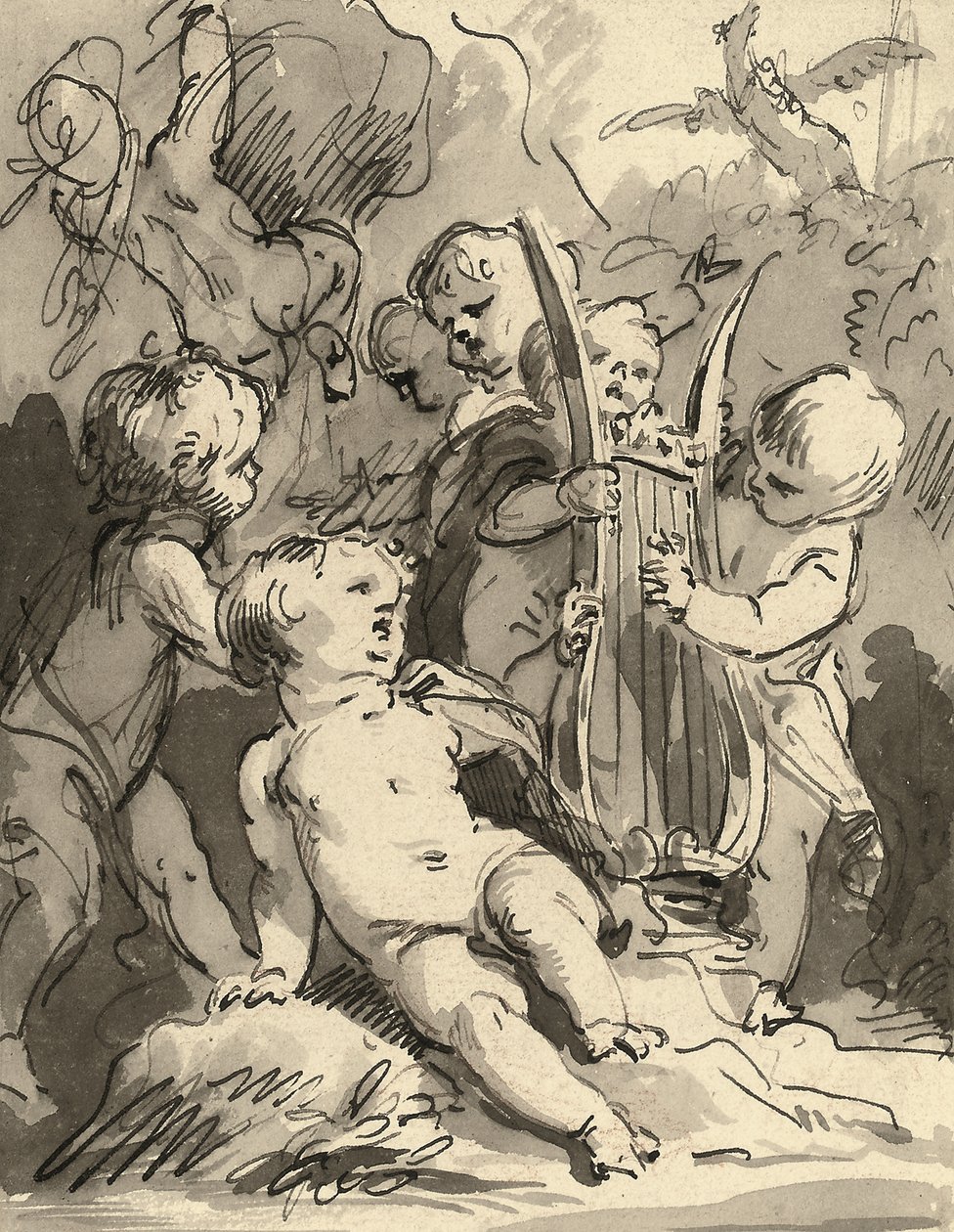 Putti spelar en lyra (röd krita, penna och svart bläck och grå tvätt) av Jacob de Wit