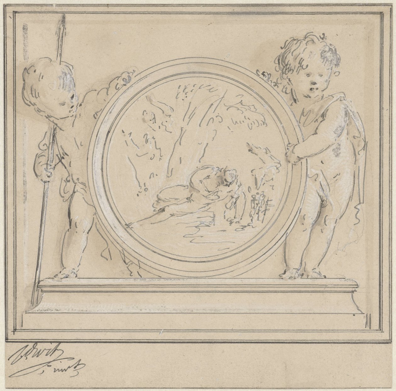 Två putti med medaljong, där Narcissus och Echo av Jacob de Wit
