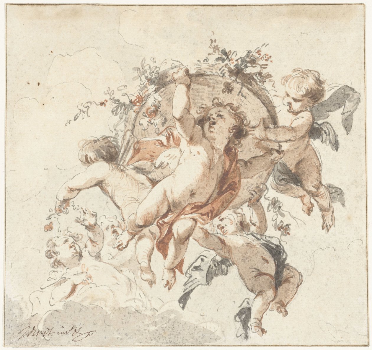 Flytande keruber med en blomkorg av Jacob de Wit