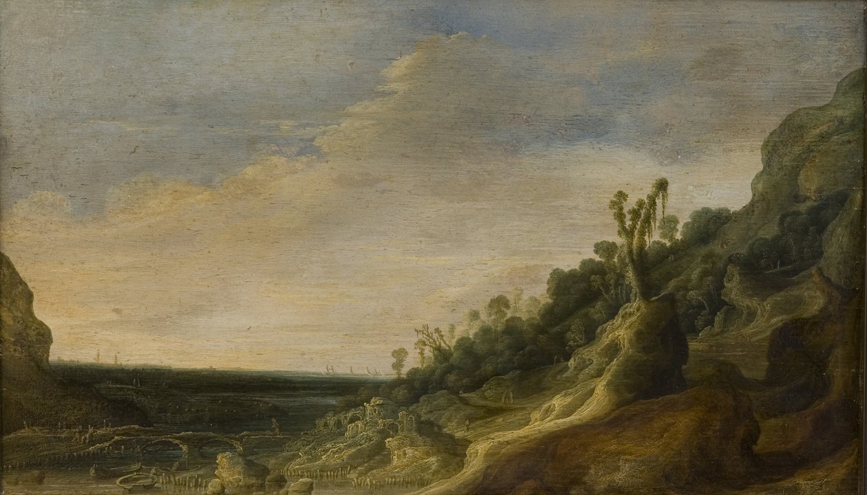 Bergslandskap med utsikt över en flod och havet av Jacob van Geel