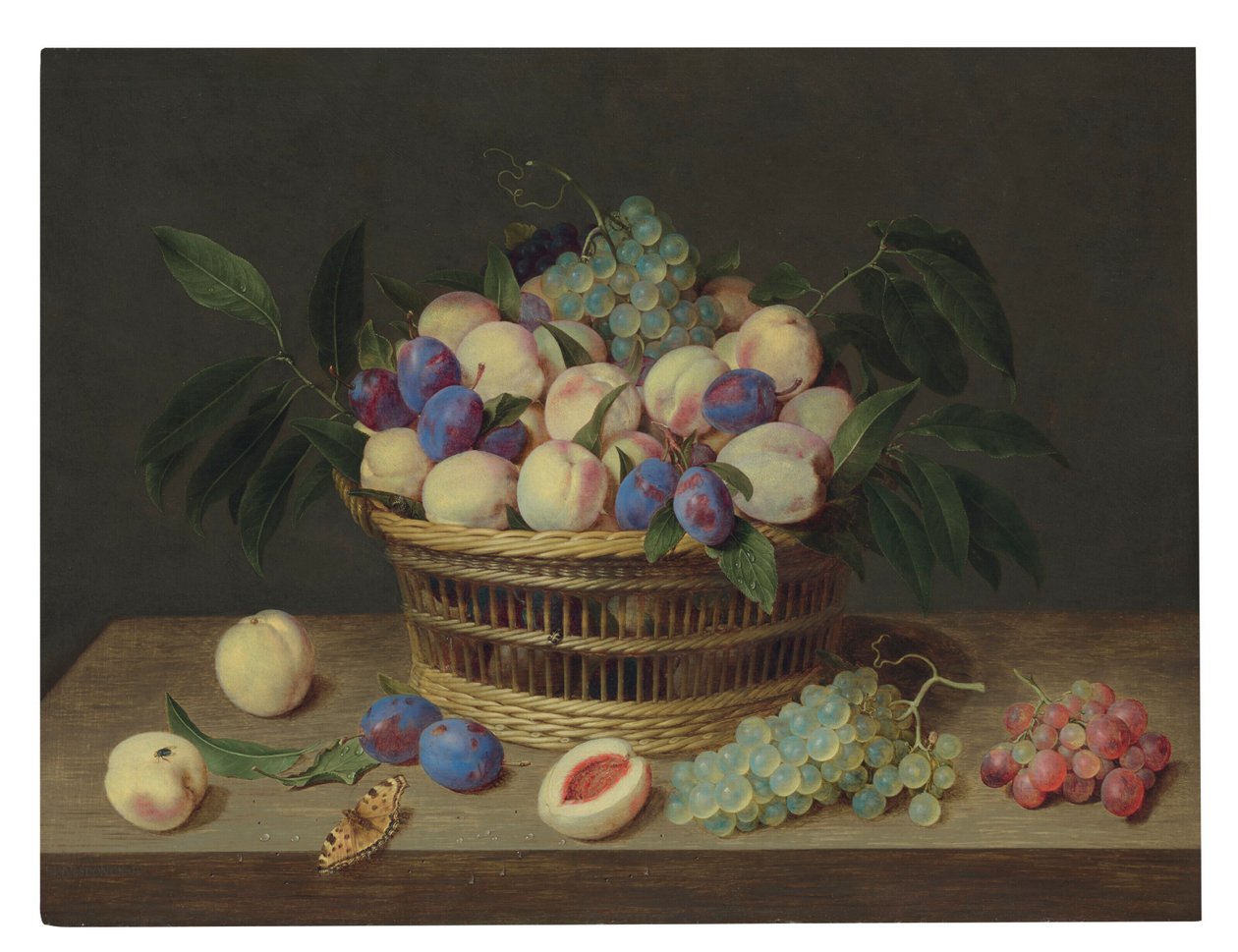 Persikor, plommon och vindruvor i en flätad korg, med frukt och en fjäril på ett träbord av Jacob van Hulsdonck