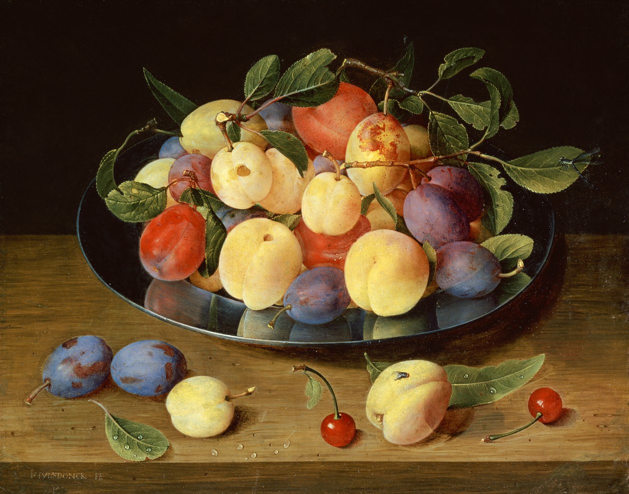 Plommon och persikor på en tennplatta (olja) av Jacob van Hulsdonck