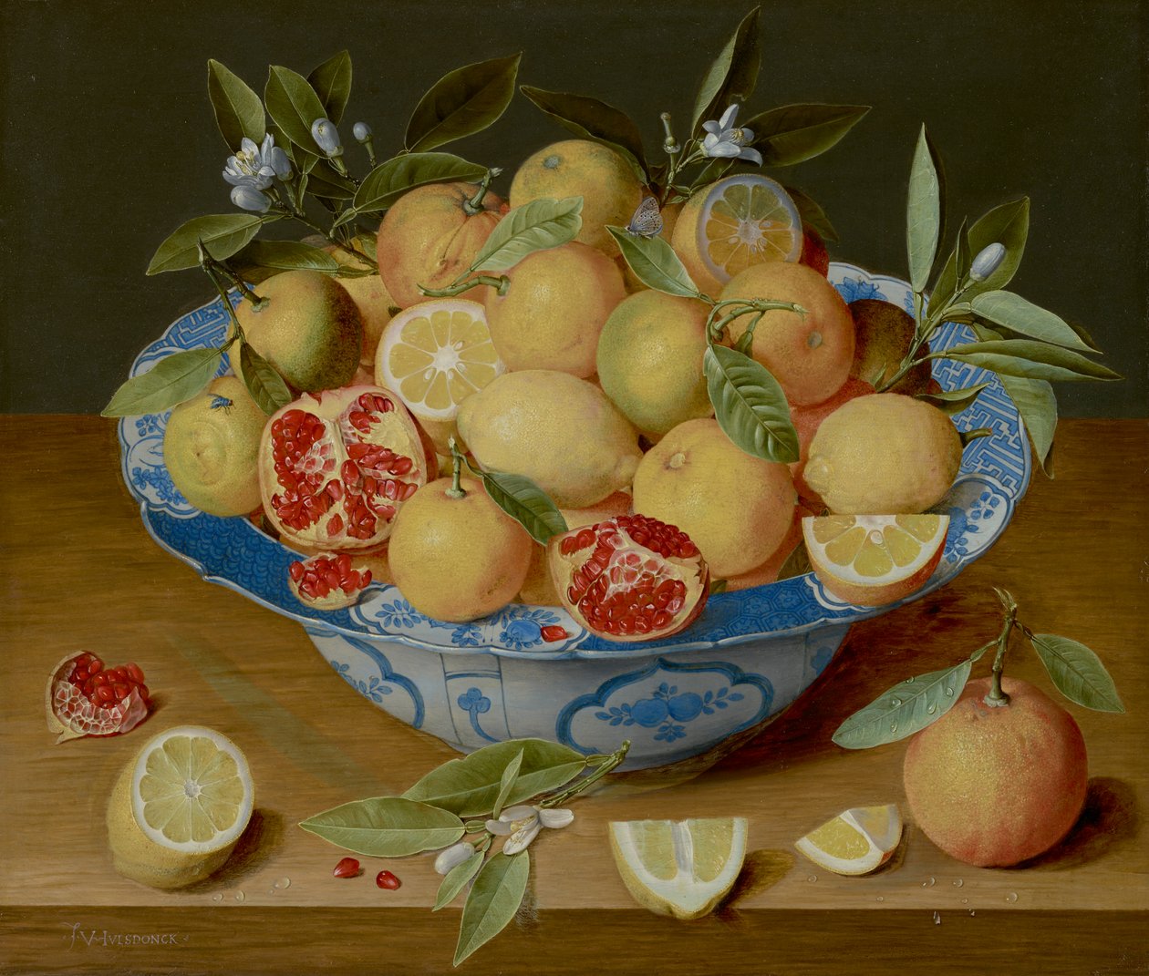 Stilleben med citroner, apelsiner och ett granatäpple, ca 1620-40 (olja på panel) av Jacob van Hulsdonck
