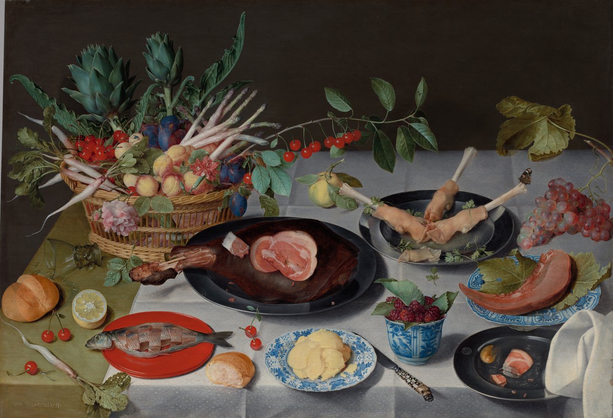 Stilleben med kött, fisk, grönsaker och frukt, c.1615-20 av Jacob van Hulsdonck