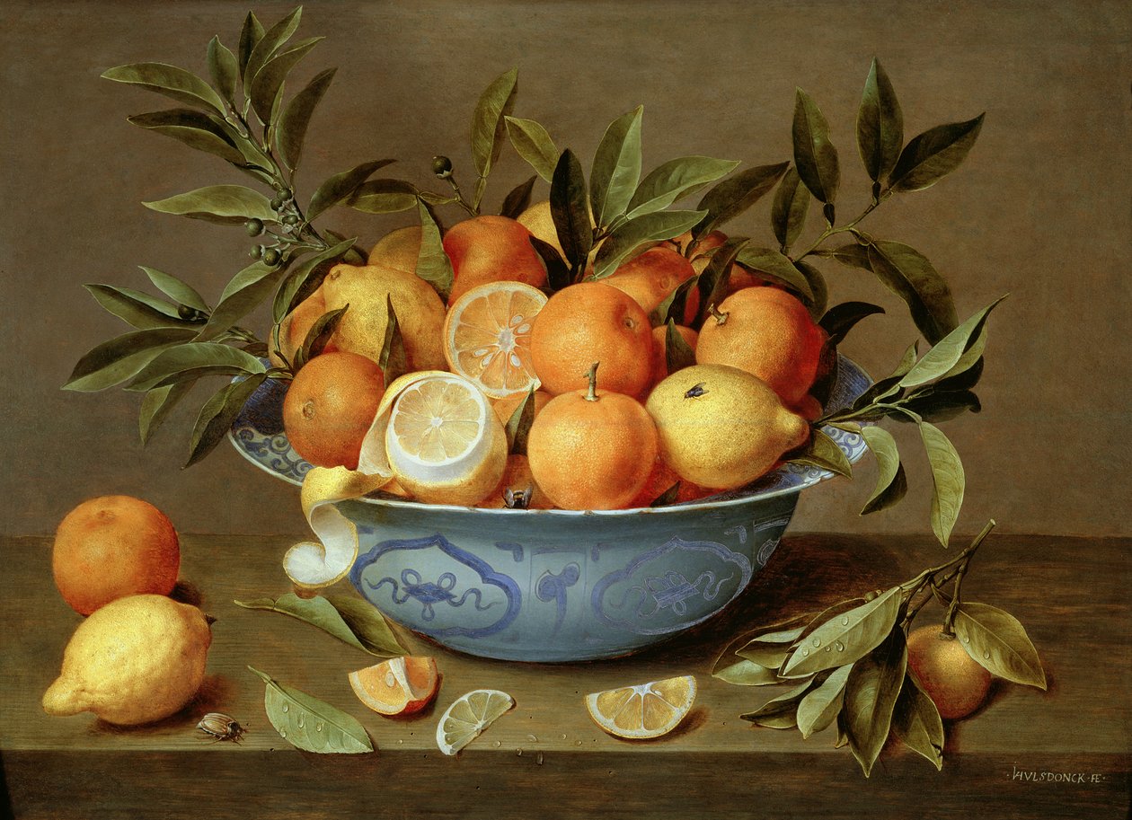 Stilleben med appelsiner og citroner i et Wan-Li porcelænsfad swed av Jacob van Hulsdonck