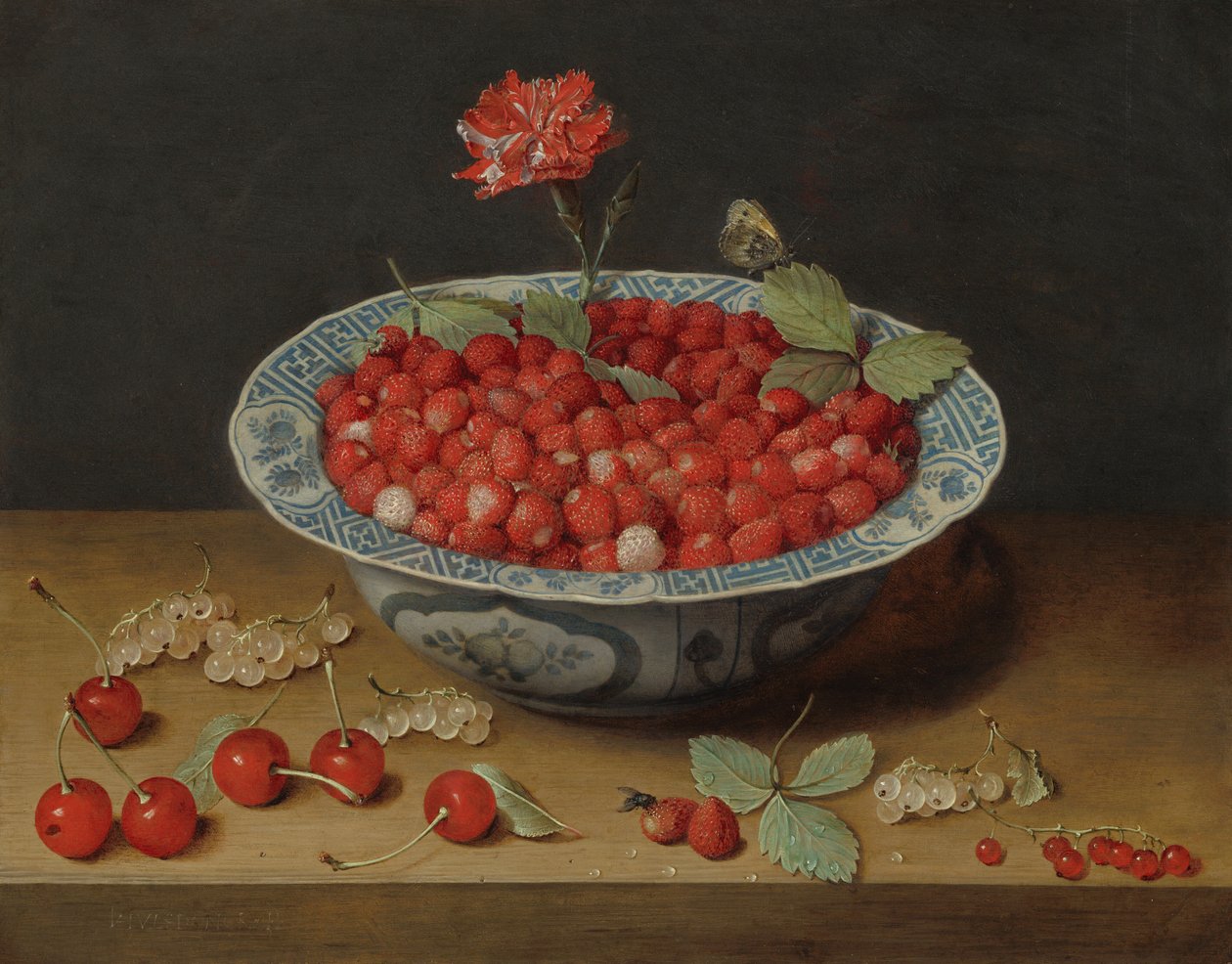 Vilda jordgubbar och en nejlika i en Wan-Li-skål av Jacob van Hulsdonck